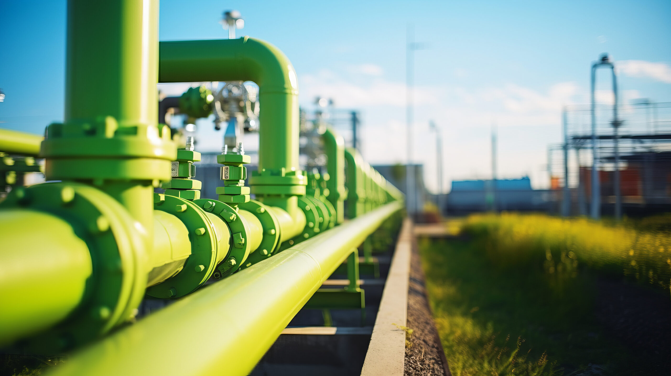 Green hydrogen energy pipeline of green color with industry facility