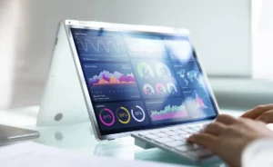 Person working with data sets on a tablet
