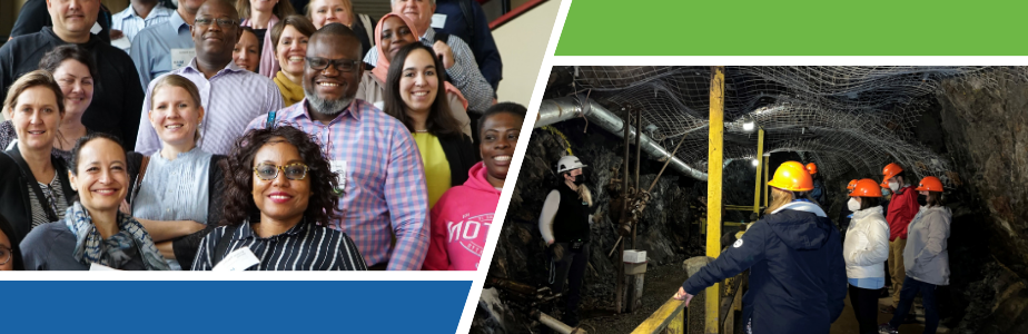 Collage with a photo of group of diverse individuals and a photo of people on a tour of a mine