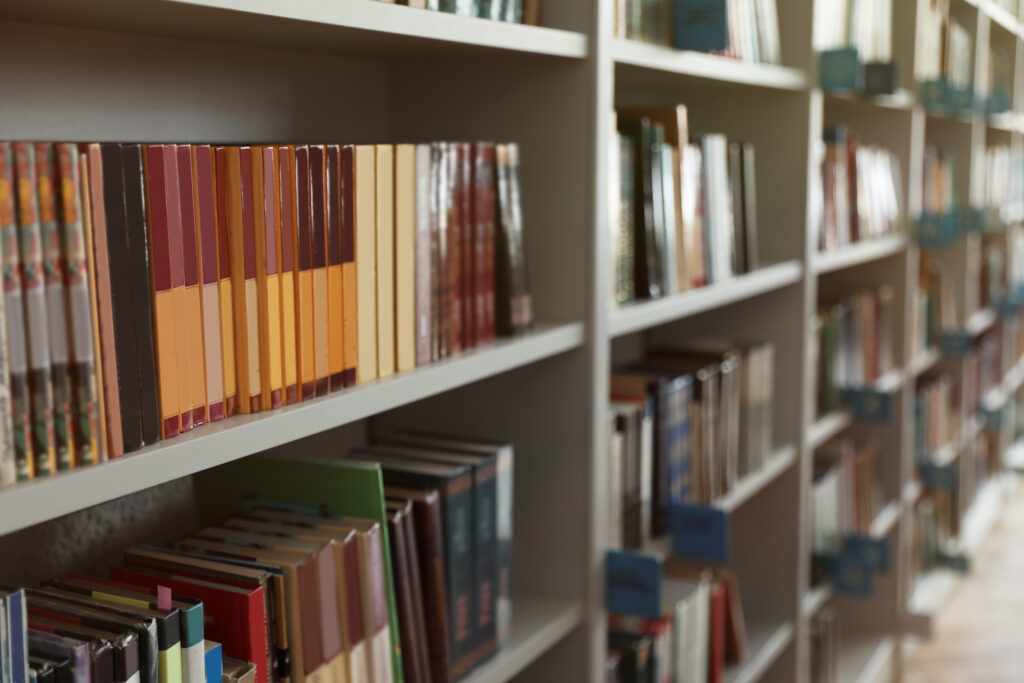 View of shelves with books in library