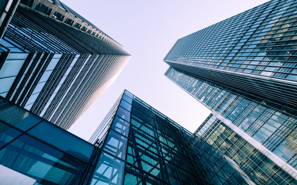 Low, wide angle view of London Docklands skyscrapers