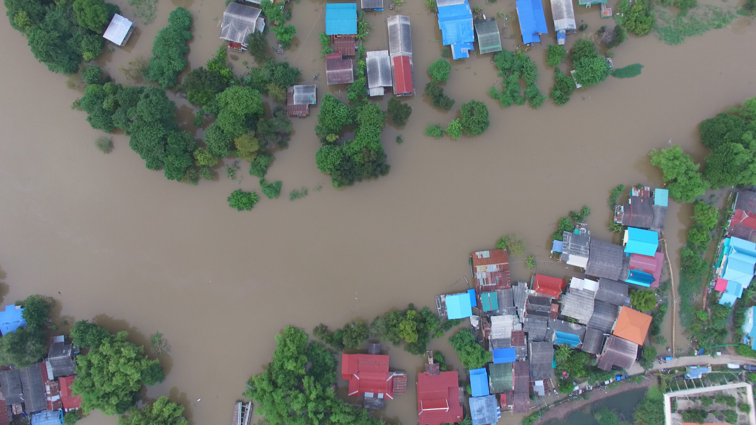 Aerial view of flood in Ayutthaya Province, Thailand