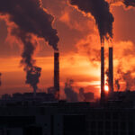 Smokestack pipes emitting GHG from coal thermal power plant in winter season at sunset
