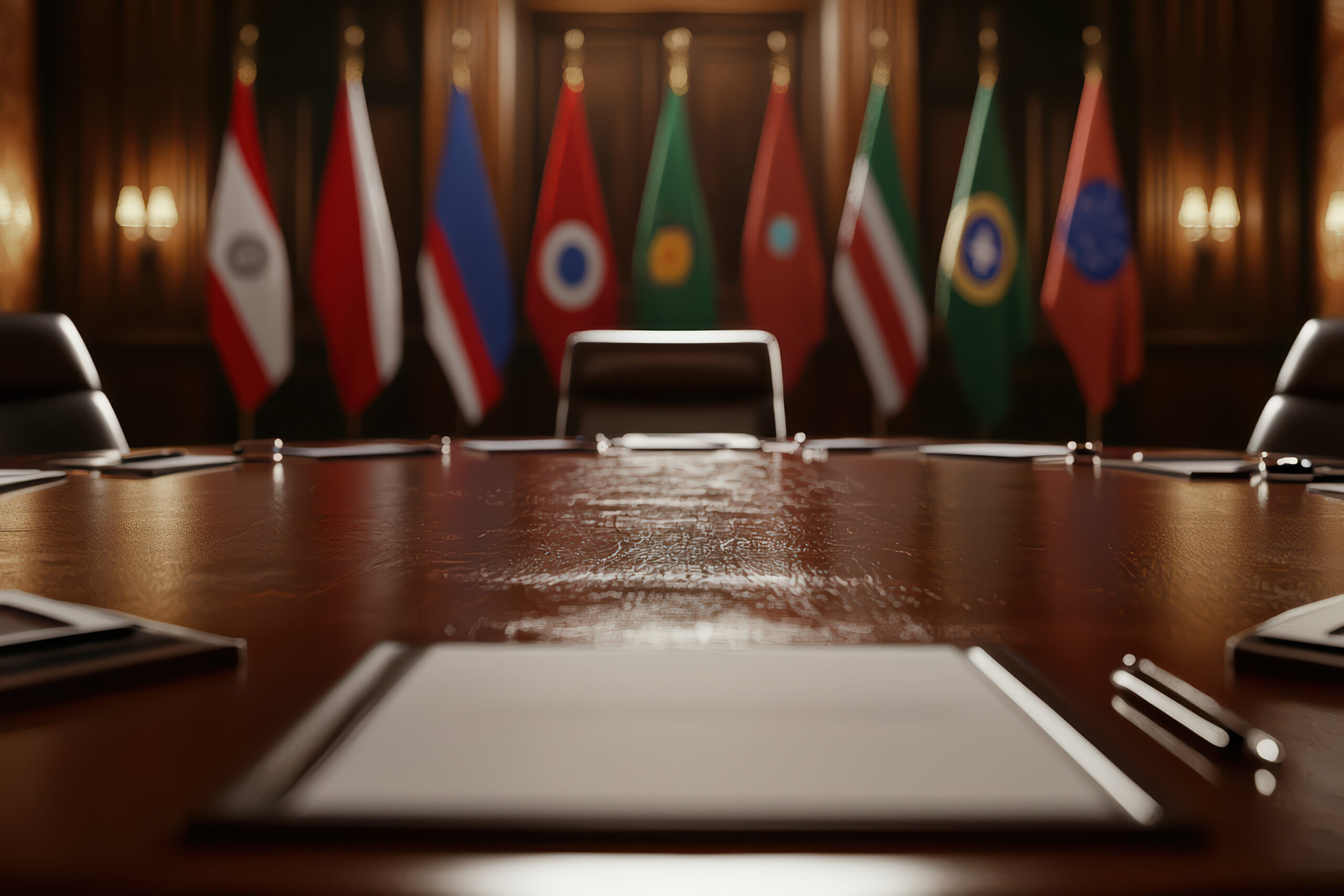 Conference room featuring large wooden table, empty chairs, and flags from various countries in background