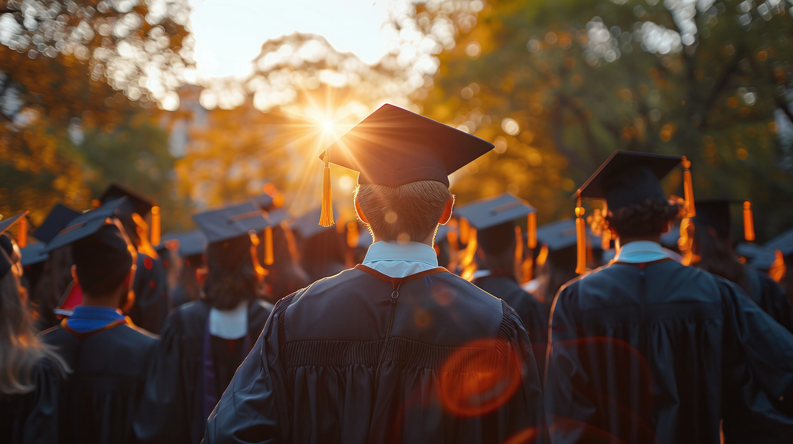 Rear view photo of college graduate students wearing cap and gown